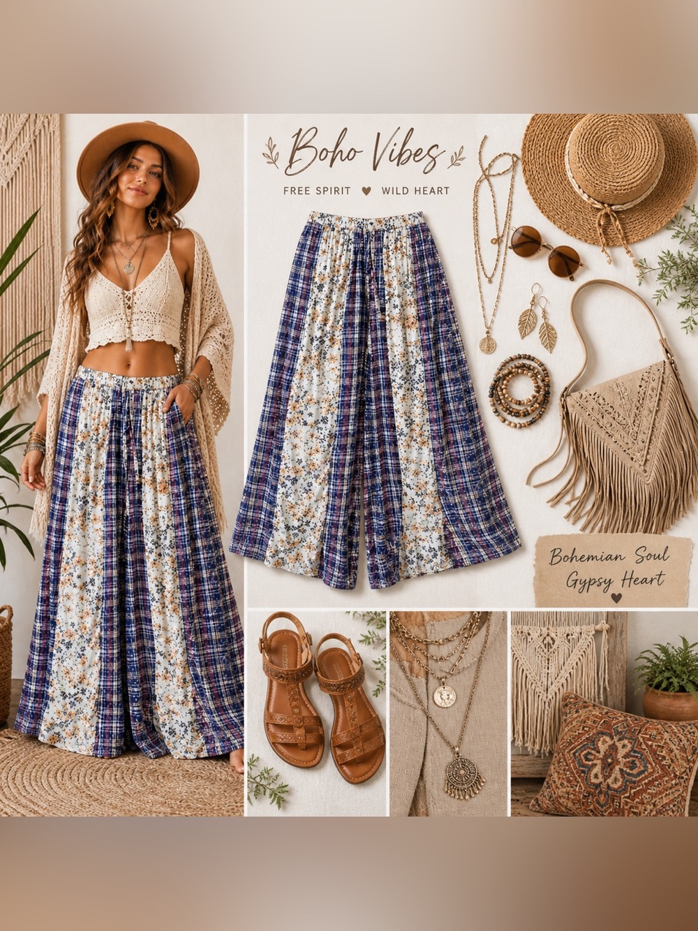 POL Boho Patchwork Wide Leg Pants Floral Plaid Bohemian Festival Pants Med NWT - Picture 10 of 10